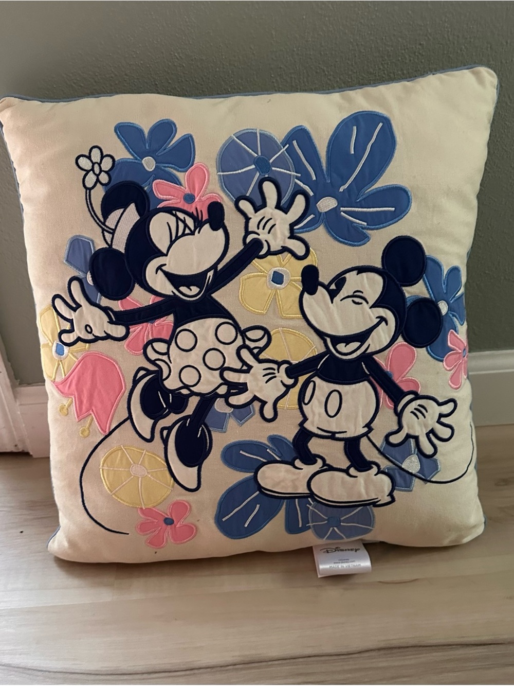Disney Cream Pillow with Blue and Pink Minnie & Mickey Appliqué